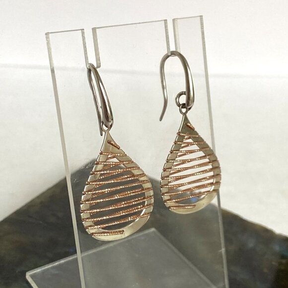 Sterling Silver 925 Italy Modernist Brass Woven Accent Teardrop Dangle Earrings - Picture 16 of 16